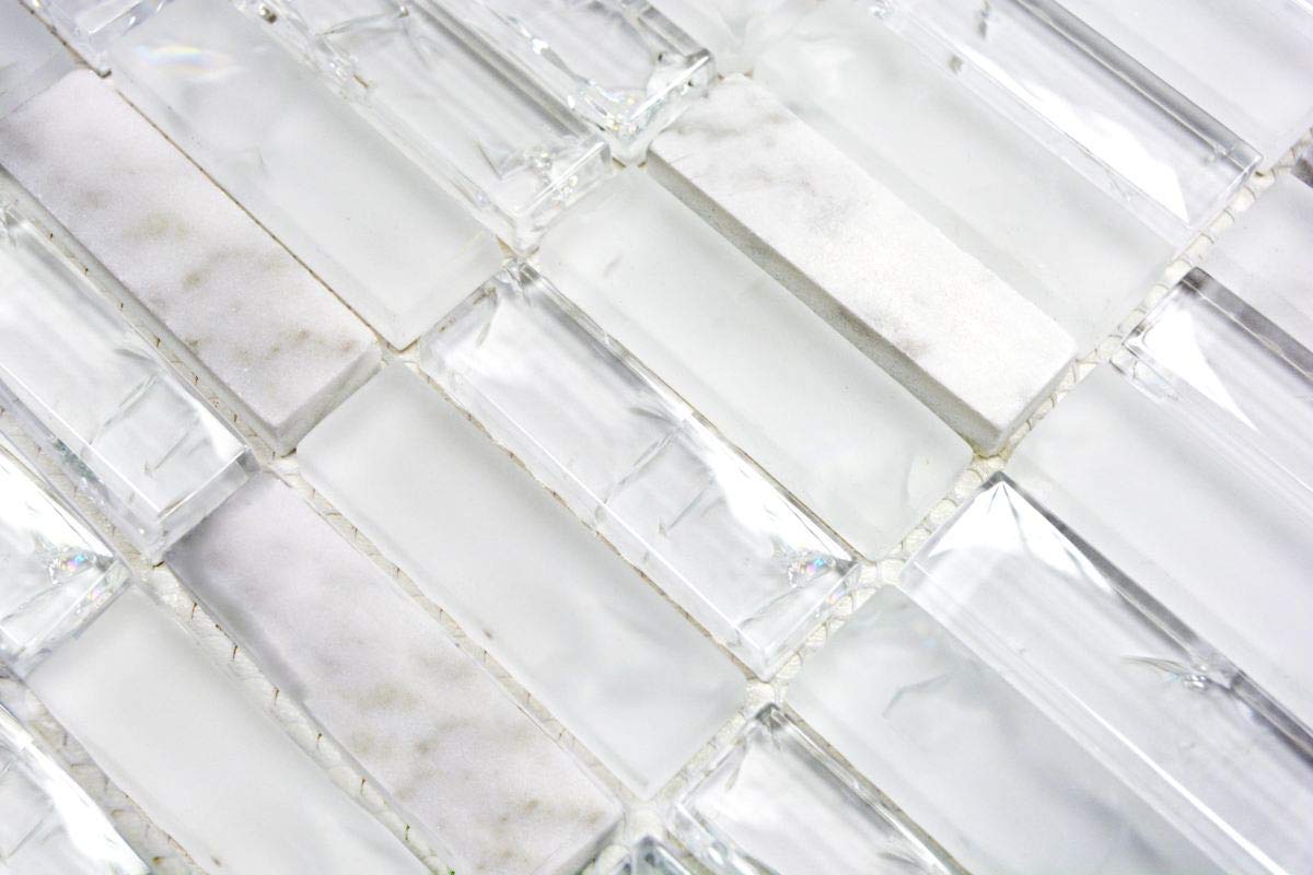 Pietre per mosaico in vetro Crystal/Pietra, bianco traslucido, 3D, formato: 15 x 50 x 8 mm, dimensioni foglio: 322 x 310 mm, 10 fogli