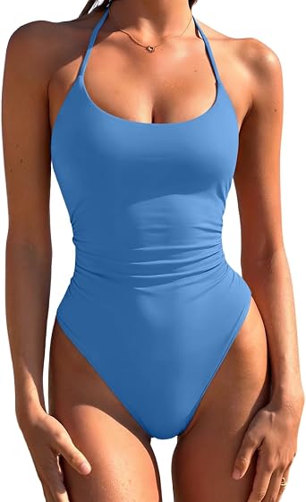 LASLULU Womens One Piece Swimsuits Sexy Halter High Cut Slimming Bathing Suit Tummy Control Swimsuit