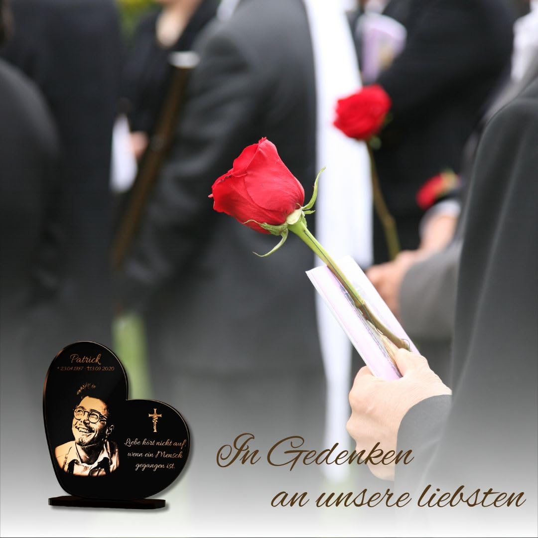CHRISCK design Gedenktafel mit Gravur Fotogravur - Grabstein für verstorbene Menschen Herz stehend - Grabschmuck graviert für Hunde & Katzen - Grabplatte im Kerzenschein Leuchtend - Gedenkstandbilder