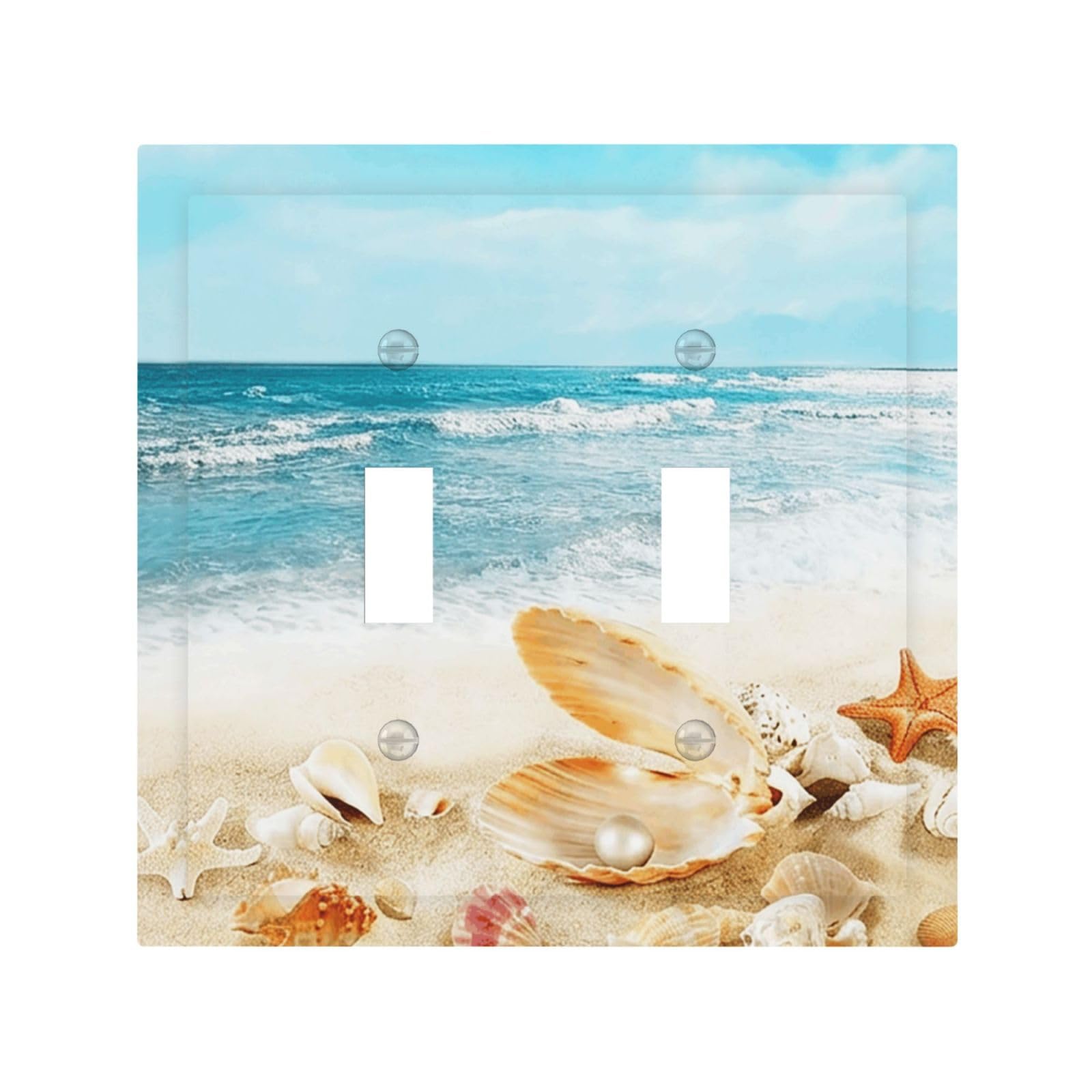 Nautical Beaach Shell Starfish Coastal Decorative 2 Gang Double Toggle Outlet Light Switch Cover, Two Gang Toggle Wall Plate Electrical Faceplate Dual Device Switchplate