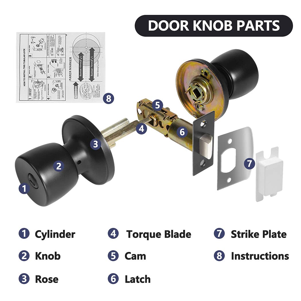 Tanzfrosch 4 Pack Keyless Privacy Door Knobs with 4 Door Stoppers, Interior Matte Black Door Knobs for Bedroom, Bathroom and Passage, Universal for Left and Right Handed Door