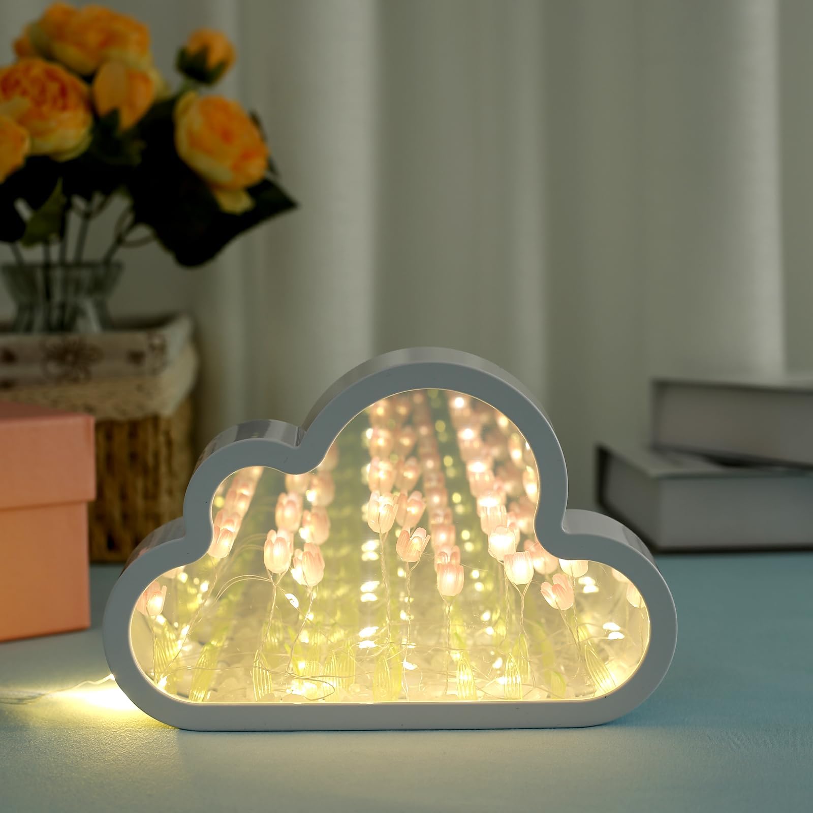Cloud Tulip Lamp - Handmade DIY Mirror Night Light, Simulation Flower Sleeping Table Lamp, Creative LED Bedside Desktop Room Decor for Girls Gift