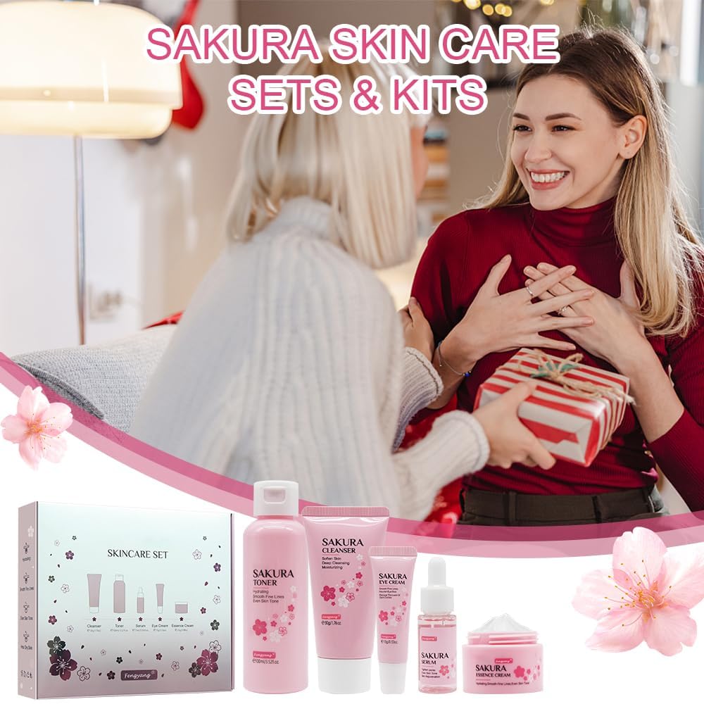 Fengyang ®Set per la Cura Della Pelle Sakura,Cura Della Pelle Viso,5pcs Set Regalo per la Cura Della Pelle,Con Detergente,Toner,Crema Occhi,Siero,Crema,Regalo per Adolescenti Ragazze Signora(5Pcs)