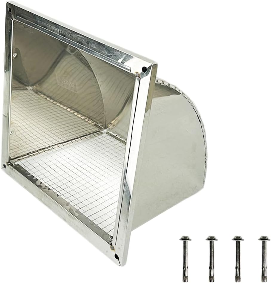 8 Inch Wall Vent Cover 304 Stainless Steel Dryer Vent Cover, Windproof Half-Wrap Square Duct Vent 12’’ x 12’’ Exterior Wall Vent, Vent Hood Wall Outdoor with Screen Mesh, 4 Screws Included