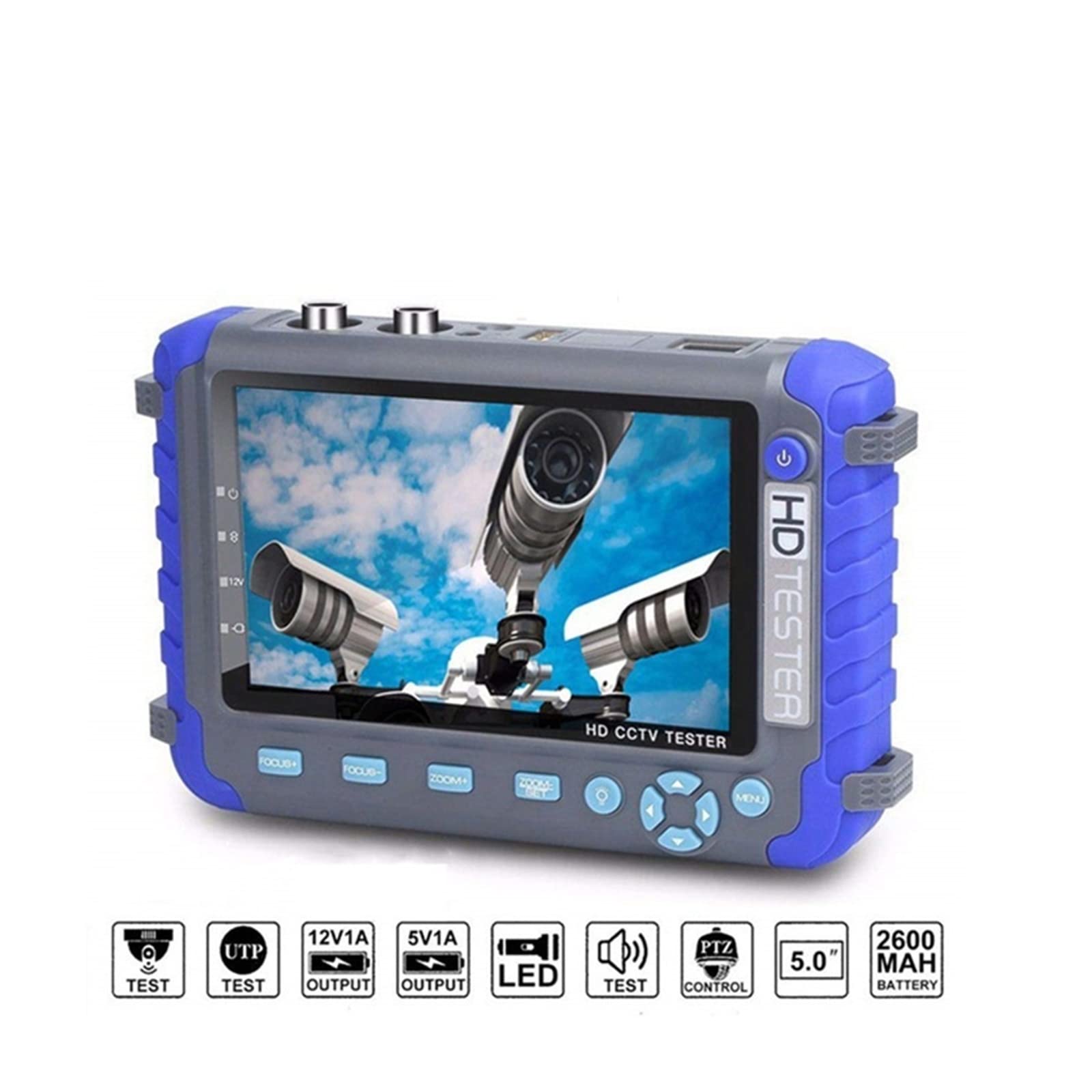 Tester CCTV 4 in 1 da 5 pollici, tester for videosorveglianza AHD TVI CVI Supporta 8MP, tester CCTV portatile for telecamera con uscita DC12V
