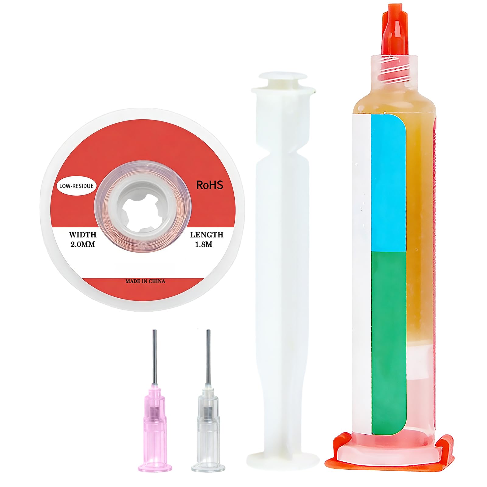 Uoxmiy 10Ml No-Clean Solder Flux ＆ 1.5M*2Mm Solder Wick, 2 Needles And 1 Pusher, Soldering Kit For Electronics Repair, Circuit Board Rework