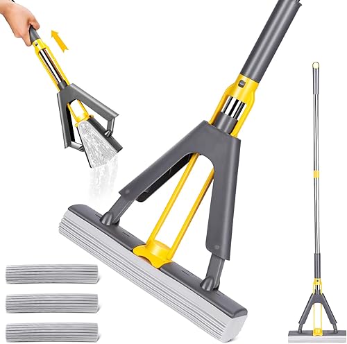 Fregona de esponja para suelo, mopa de espuma con 3 cabezales de esponja absorbentes y mango de acero inoxidable, mopa de esponja autoapretable de