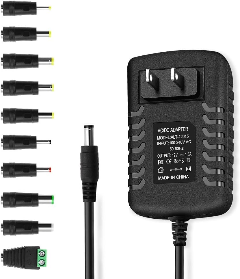 DC 12 Volt 1.5 Amp Switching Power Supply, 100-240V 50-60Hz AC to DC 12V 1.5A 18W Power Supply Adapter with 5.5mm x 2.5mm Barrel, and 10 More Sizes of Tips DC 12 Volt 1.5 Amp Switching Power Supply, 100-240V 50-60Hz AC to DC 12V 1.5A 18W Power Supply Adapter with 5.5mm x 2.5mm Barrel, and 10 More Sizes of Tips