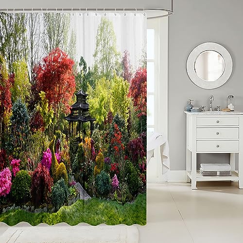 Loussiesd Natural Shower Curtain 180x180cm 3D Garden View Flowers Trees Waterproof Shower Curtain Outdoor Nature Scenery Waterproof Cloth Fabric Bathroom Decor Set including Hooks - Image 2