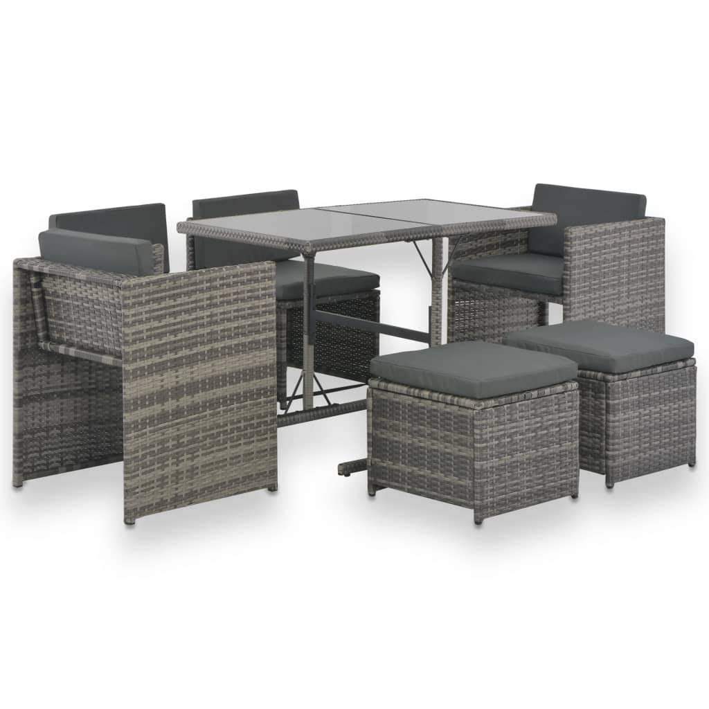 Conjunto Comedor de Jardín de Ratán 7 Piezas, Muebles Jardín Exterior, Mesa y Sillas Jardín, Mesa y Sillas Terraza con Cojines, Gris