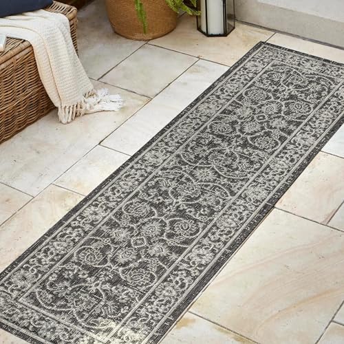 Image of JONATHAN Y Vine & Border Indoor Outdoor Runner Rug 2X8 Black /Gray, Palazzo Textured Weave for Backyard, Patio, Porch, Easy-Cleaning, High Traffic, Pet-Friendly, Non-Shedding (SMB103C-28)