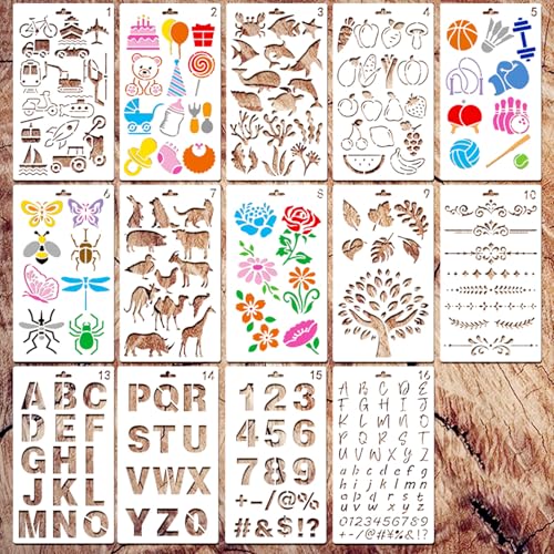 Naapesi 14 plantillas reutilizables para dibujar, plantillas de números y letras, plantillas para manualidades, juego de plantillas de diario de arte, plantilla de pared para pintura, plantilla de