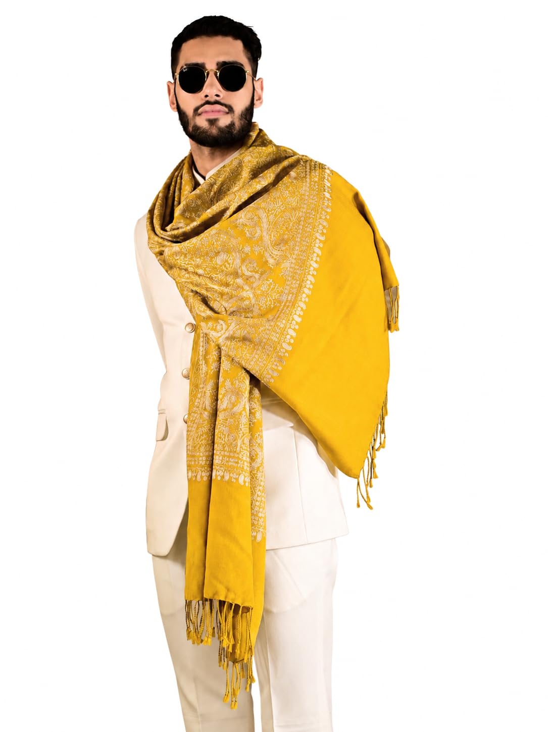 Mens Silk-Fine Wool Stole, Nalki Embroidery, Mustard-image-30