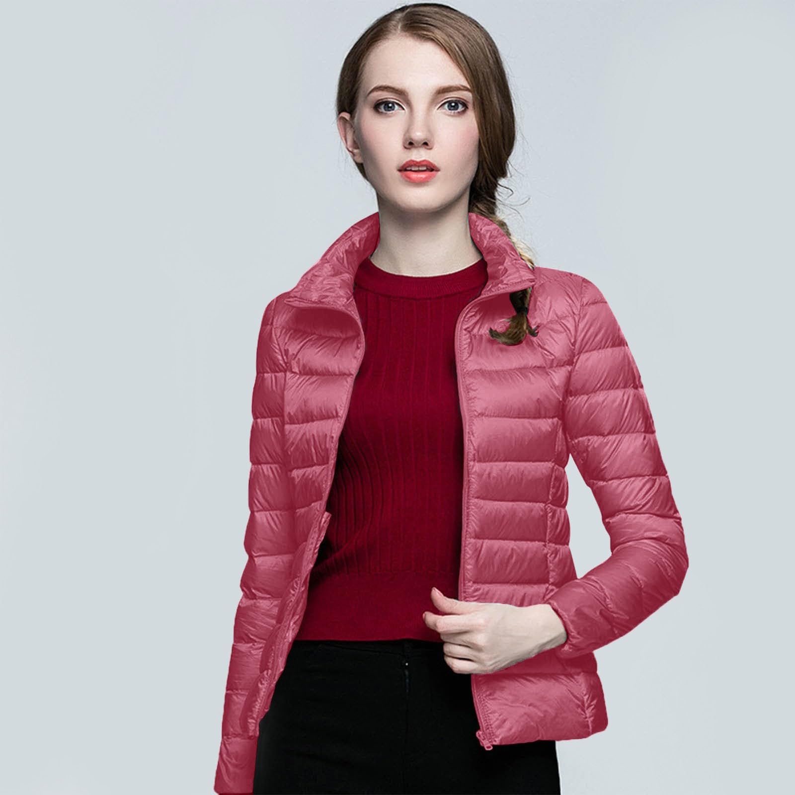 Chaqueta ligera y cálida para mujer, abrigo de invierno a prueba de sin capucha con aislamiento reciclado, abrigo de plumón de pato blanco cálido con capucha corta y delgada para invierno