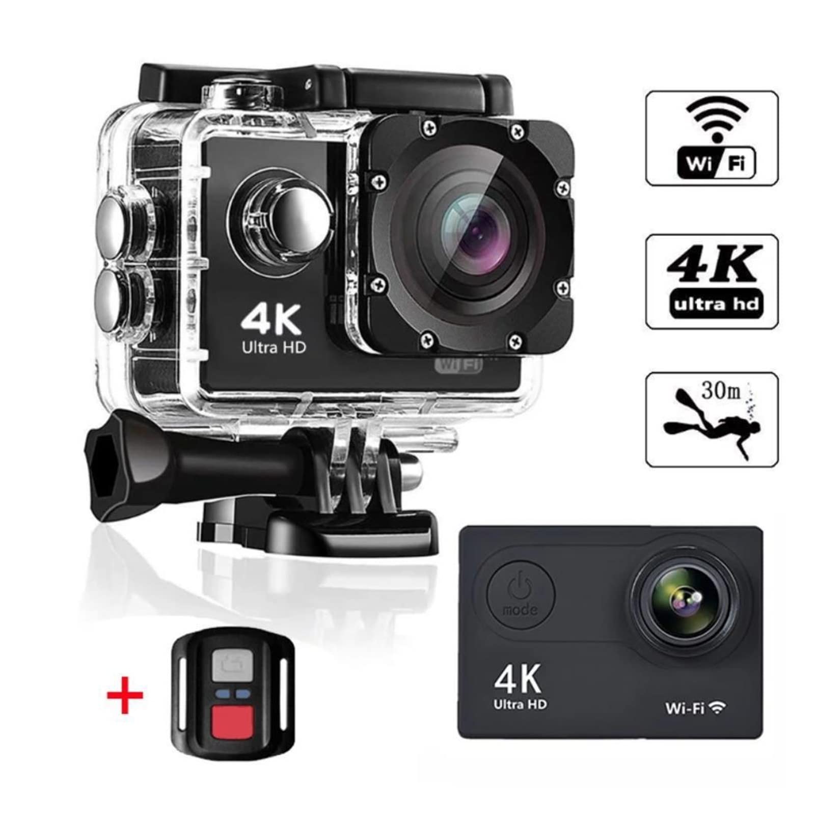 Kamera akcji, Kamera podwodna Ultra HD H9R 12MP 2 cale LCD 30M wodoodporna 170D pilot zdalnego sterowania kask rowerowa kamera wideo Outdoor kamera sportowa Płynna stabilizacja(H9 0ption2,1)