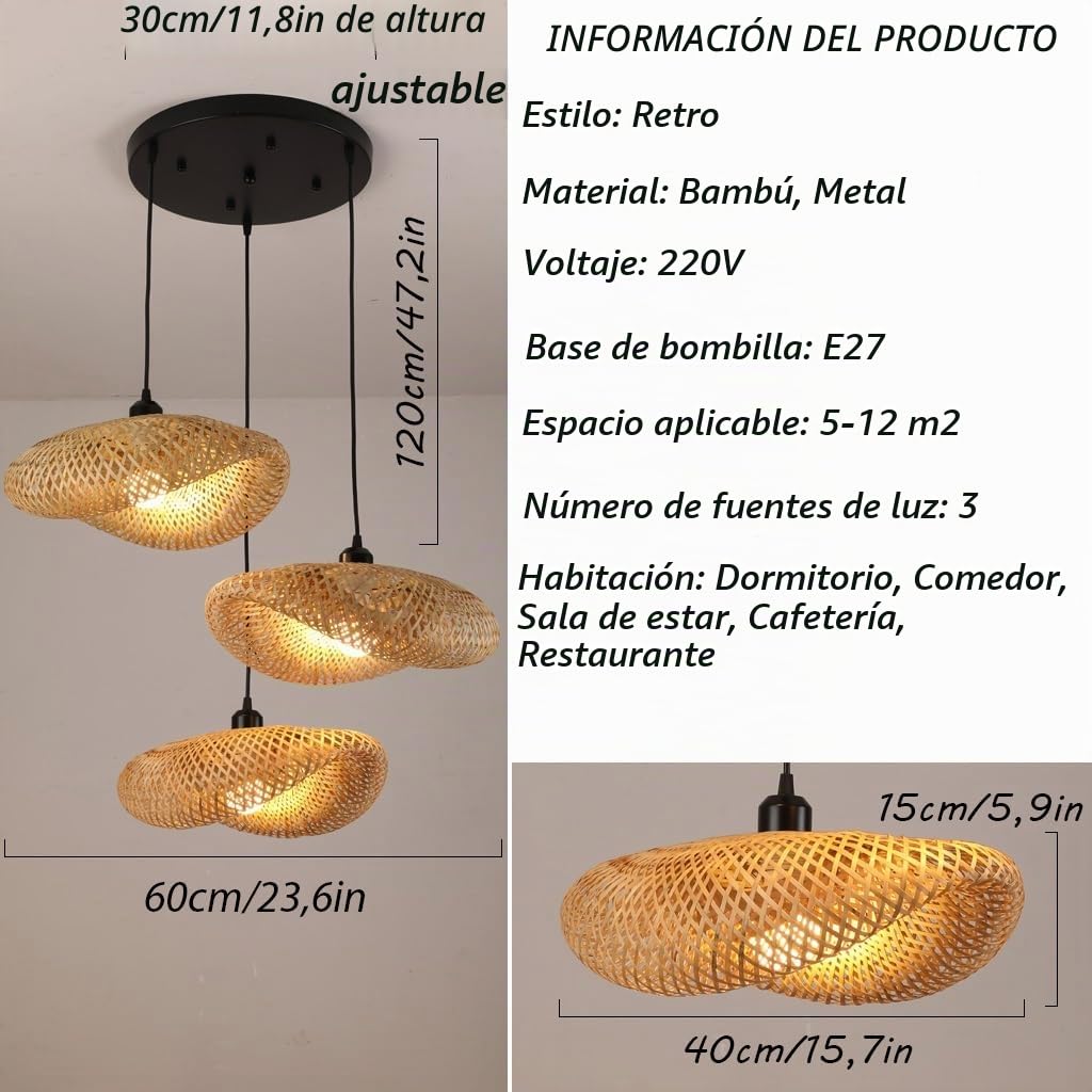 Lámpara Colgante De Ratán Boho 3 Luces - Lámpara De Cesta De Bambú Retro Con Pantalla Tejida A Mano De Estilo Bohemio - Para Sala De Estar, Comedor y Cocina
