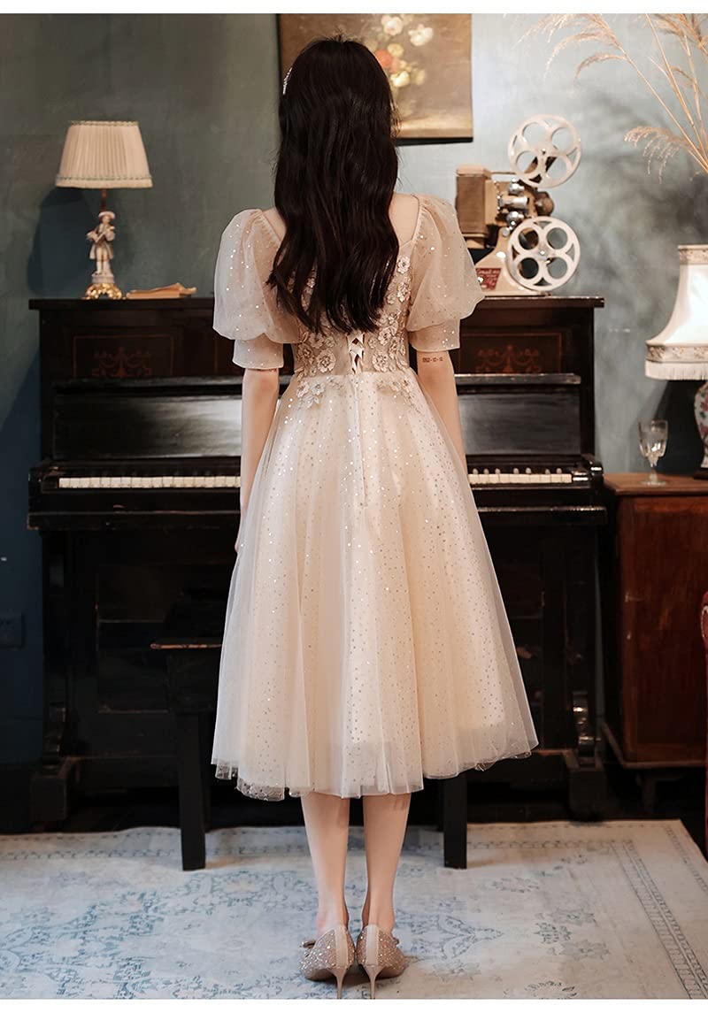 n/a Graduation Dresses Elegant Square Neck Floral Appliques Sequin Tulle Mid -length Prom Dresses (Color : Champagne, Size : 4) : Amazon.co.uk: Fashion