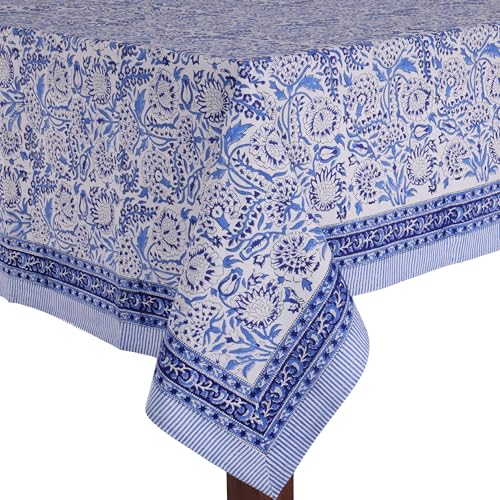 ATOSII Cotton Blockprint Rectangle Table Cloth, Indigo Bloom, Large