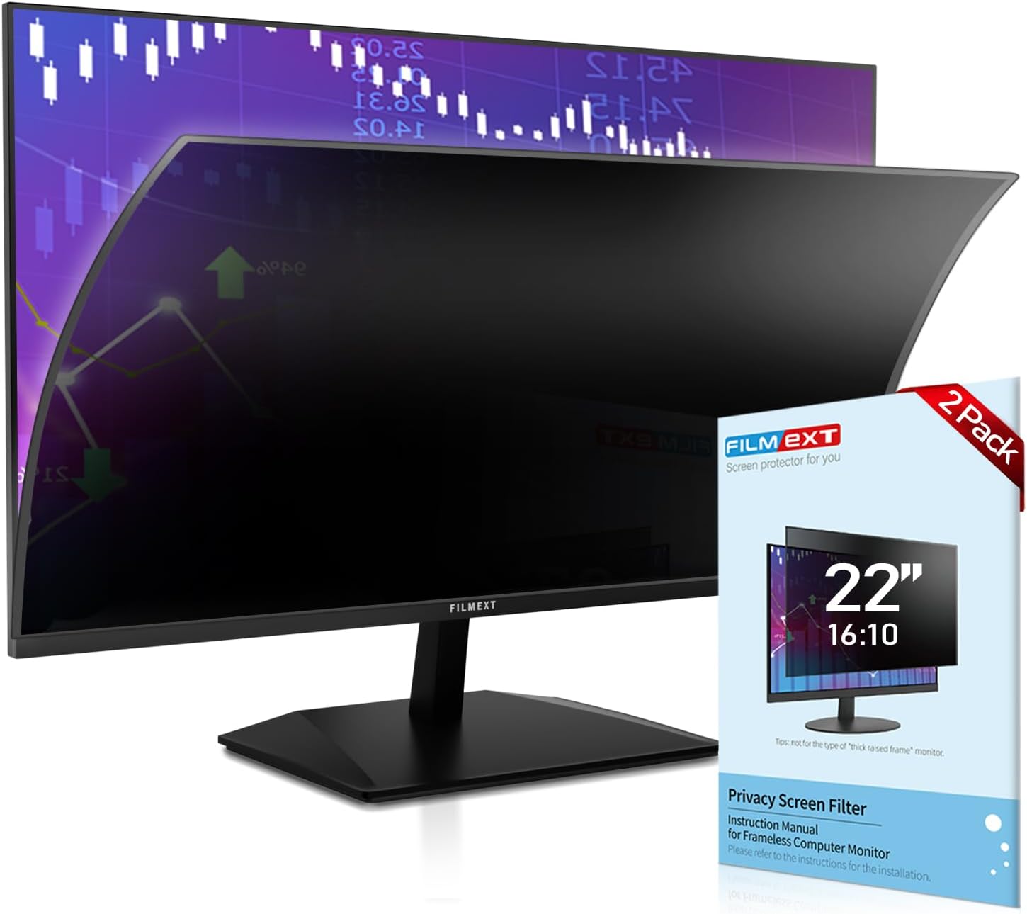 FILMEXT 2 Pack 22 Inch Computer Privacy Screen Filter for 16:10 All-in-One Desktop/Frameless Monitor - Removable Blue Light UV Blocking Privacy Shield for Thin Bezel Computer