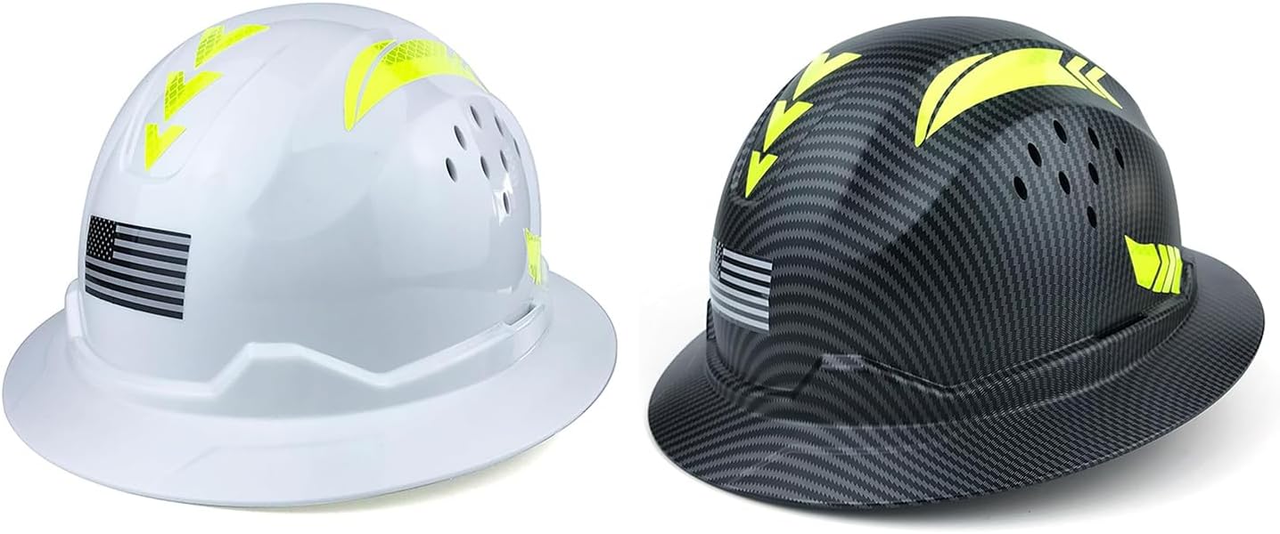 Hard Hat Hardhats Full Brim Certified ANSI Z89.1 and Hard Hat Full Brim Hardhats Safety Helmet Hydro Dipping HDPE Construction Work Industrial Vented 6 Point Adjustable Ratchet Certified ANSI