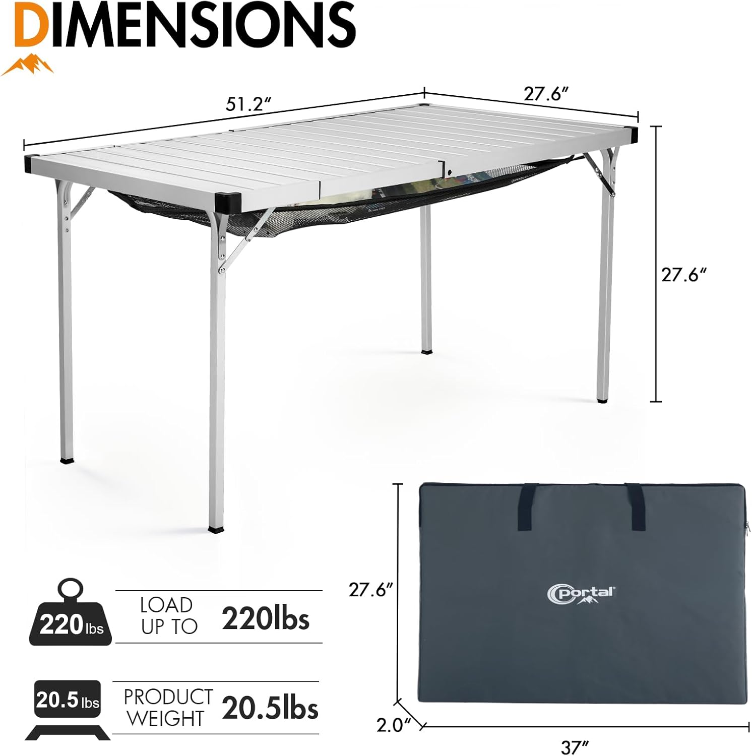 Portal Camping Table with Expandable Tabletop, 37" to 51.2" Adjustable Length Aluminum Folding Table, Large for 2-6 Person, Design with Storage Mesh & Carry Bag for Car Camping, Backyard, Tailgating
