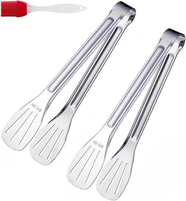 JEEYOO 2Pcs (9'') Premium Kitchen Tongs,Easy to Clean-Food Safe 304 Stainless Steel Cooking Tongs,Easy to Clean,Salad,BBQ,Frying, Cooking, Buffet, Ice, Oven,Non Stick(1)