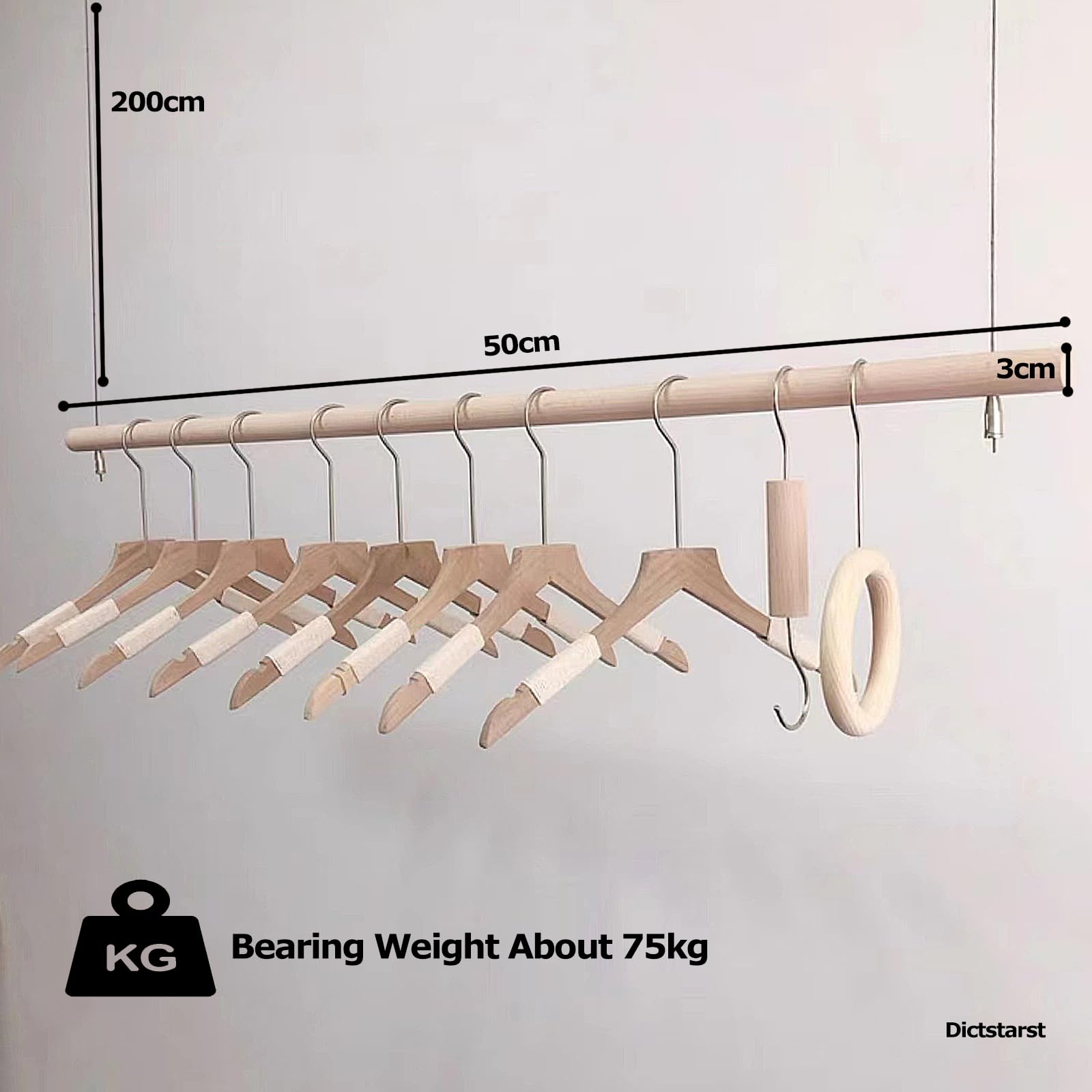 Regulowany sufitowy wieszak na ubrania do szafy/sypialni/korytarza pręt z litego drewna 50 cm metalowa lina oszczędność miejsca rozwiązanie do przechowywania i stylowy design