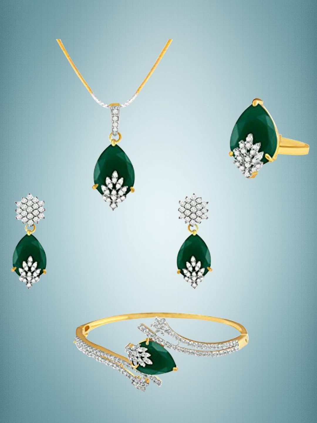 YouBella Signature Collection American Diamond Combo of Pendant Set/Necklace Set with Earrings, Bracelet and Ring for Girls and Women (Green)