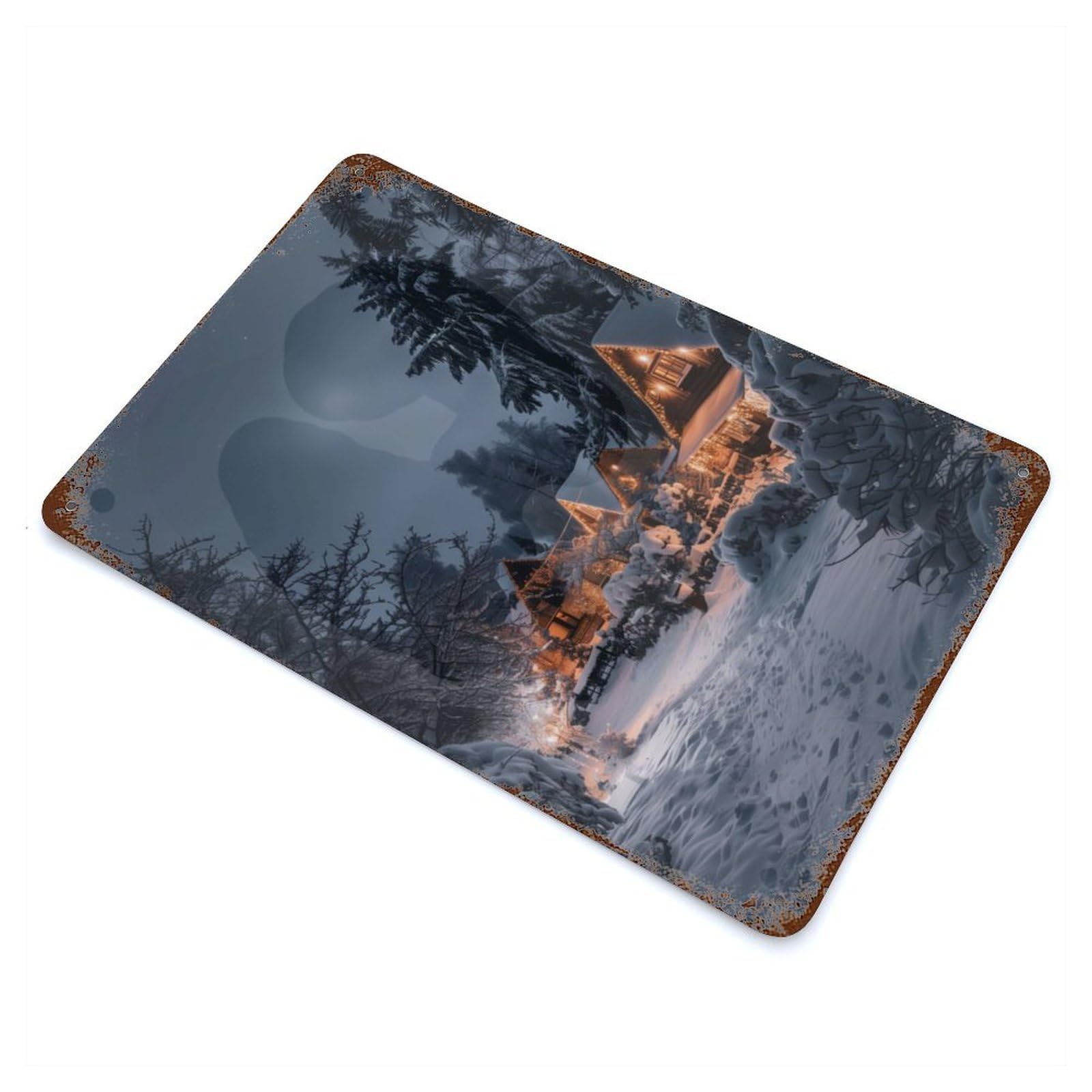 Festive Cozy Winter Cabin Vintage Wall Sign 11.8"x7.9", Rust Effect Metal Decor for Farmhouse, Kitchen And Entryway Decor