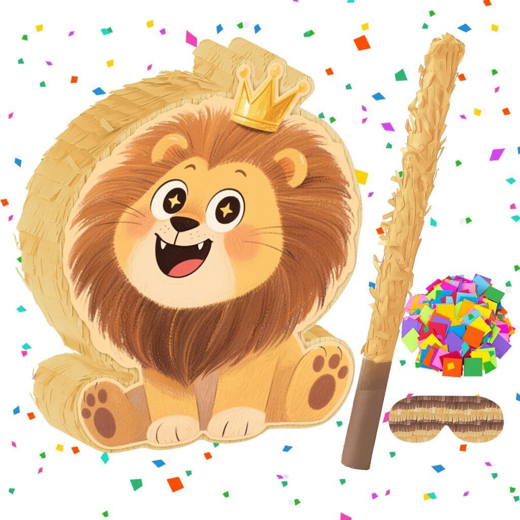 Lion Pinata Decorazione Compleanno Animali Giochi Festa con Bastone Maschera Occhi Materiale Carta Adatto per Bambini Shower Eventi Scolastici