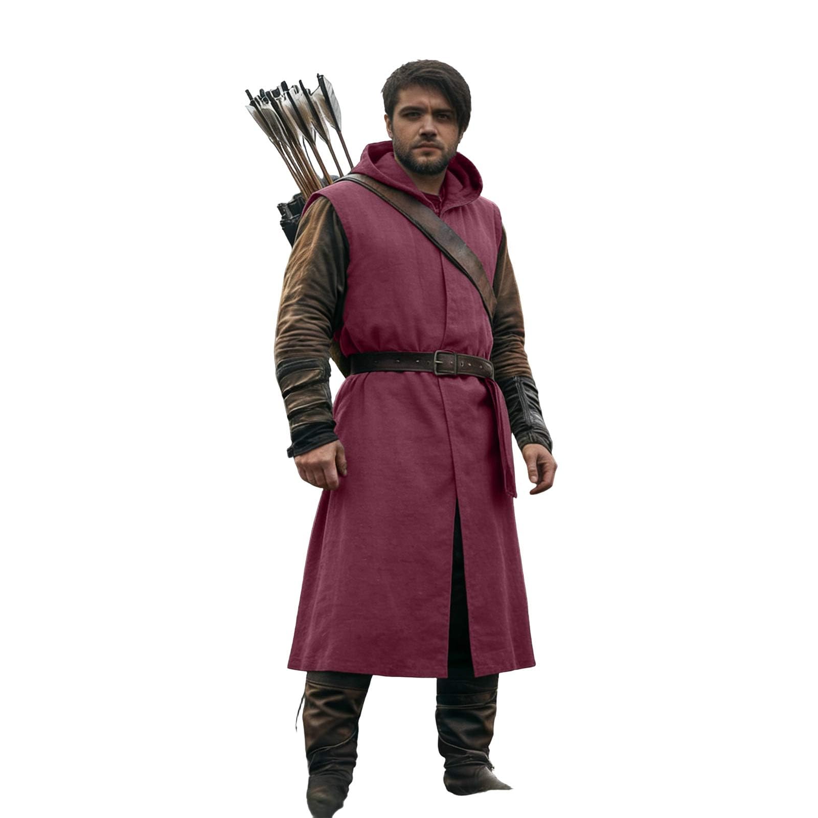 WWricotta Men's Renaissance Hooded Tabard – Sleeveless Tunic, Medieval Costume, Cosplay Cloak, LARP or Reenactment, Sizes M-XXL Wine