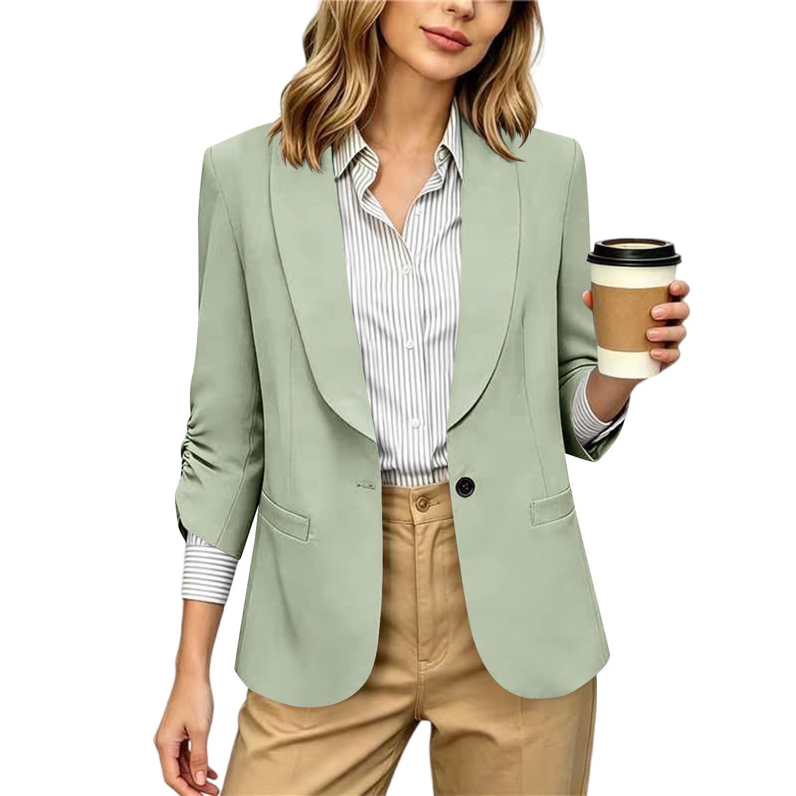 RLEHJN Damen Blazer,Lange Casual Open Front Gefütterte Blazer Arbeit Büro Jacken mit Taschen Sportlich Elegant Blazerjacke Casual Blazer Jacket Übergangsjacke Business Casual Outfits Für Die Arbeit