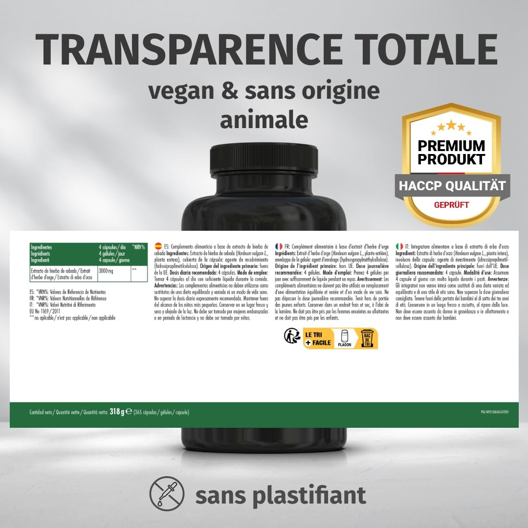 Herbe d'orge gélules naturelles et pures - Dosage élevé: 3.000 mg avec extrait 10:1-365 capsules (3 mois) - Qualité premium d'Allemagne - Végan et testé en laboratoire - Green Naturals®