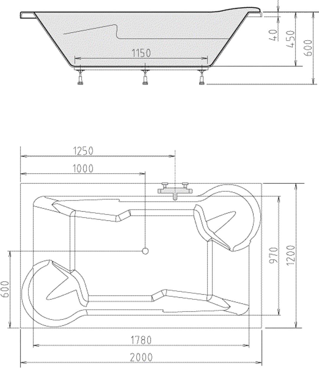 Vasca da bagno Duo 200 x 120 cm, acrilico in bianco completo con vasca piedi e parete verankerung