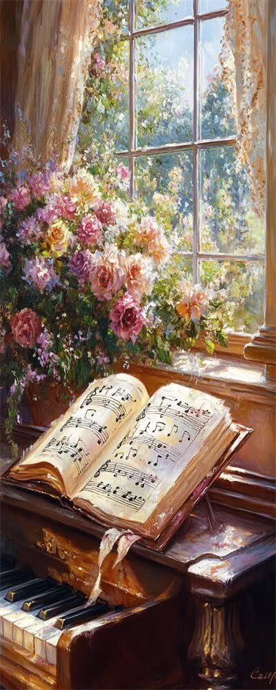 Piano Flowers Diamond Art Kits Adults Large 5D Retro Diamond Painting Kits, DIY Full Drill Crystal Art Rhinestone Embroidery Cross Stitch Arts and Crafts for Adults 15.7x31.5 Inch/40x80 cm -LR1126