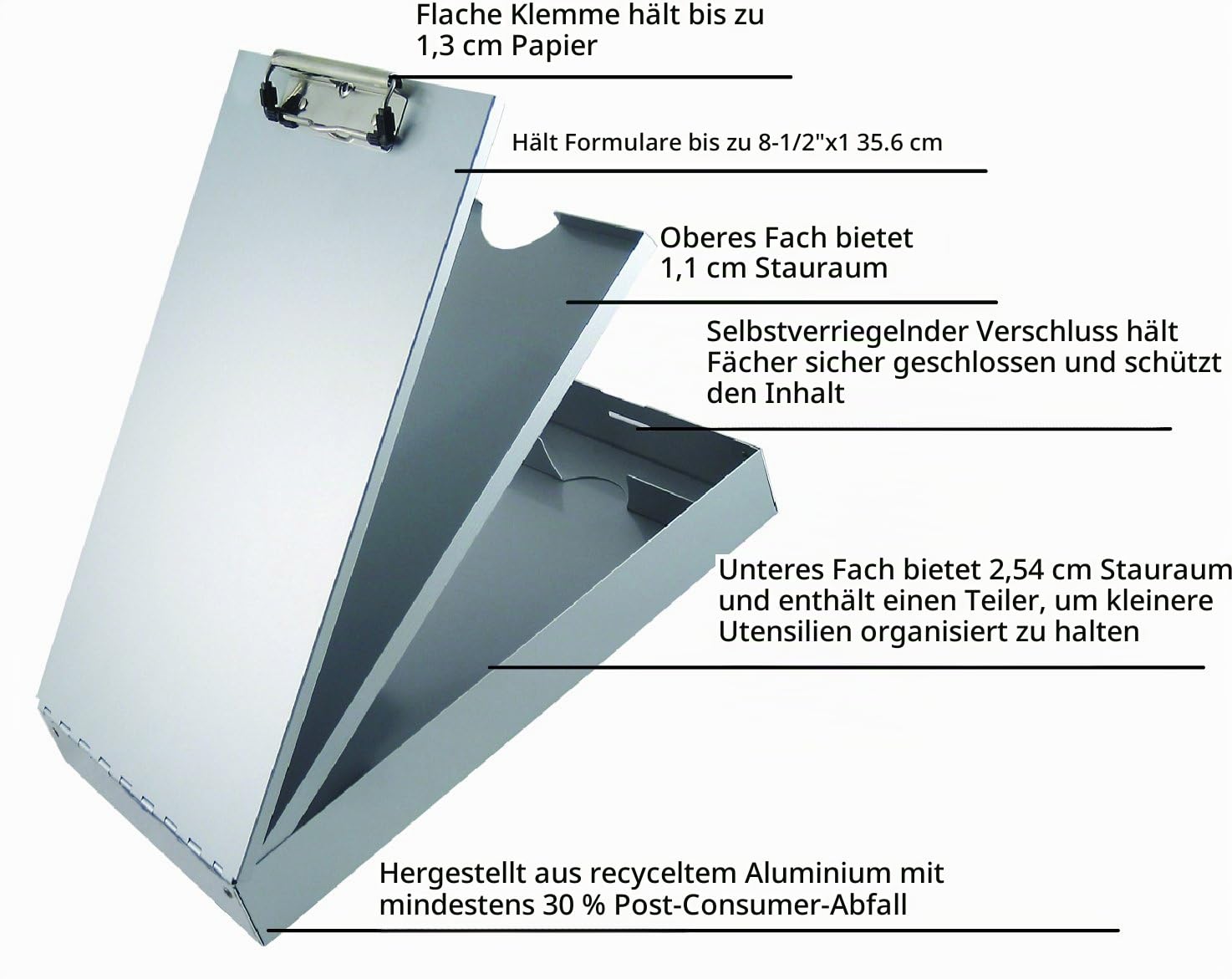 Saunders Cruiser-Mate II Klemmbrett aus recyceltem Aluminium, mit 2 Ablagefächern 8.5 x 14 Inches Aluminum, Gray