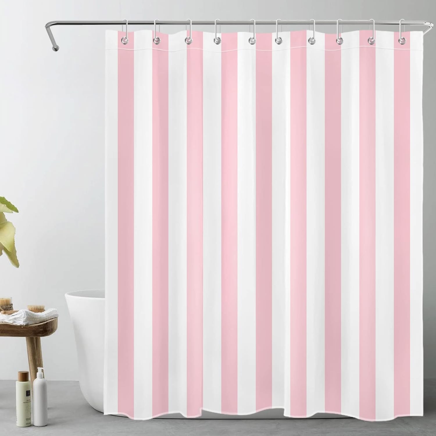 Y8011 Rideau de douche en polyester anti-moisissure avec 12 crochets Motif rayures Rose 240 x 200 cm