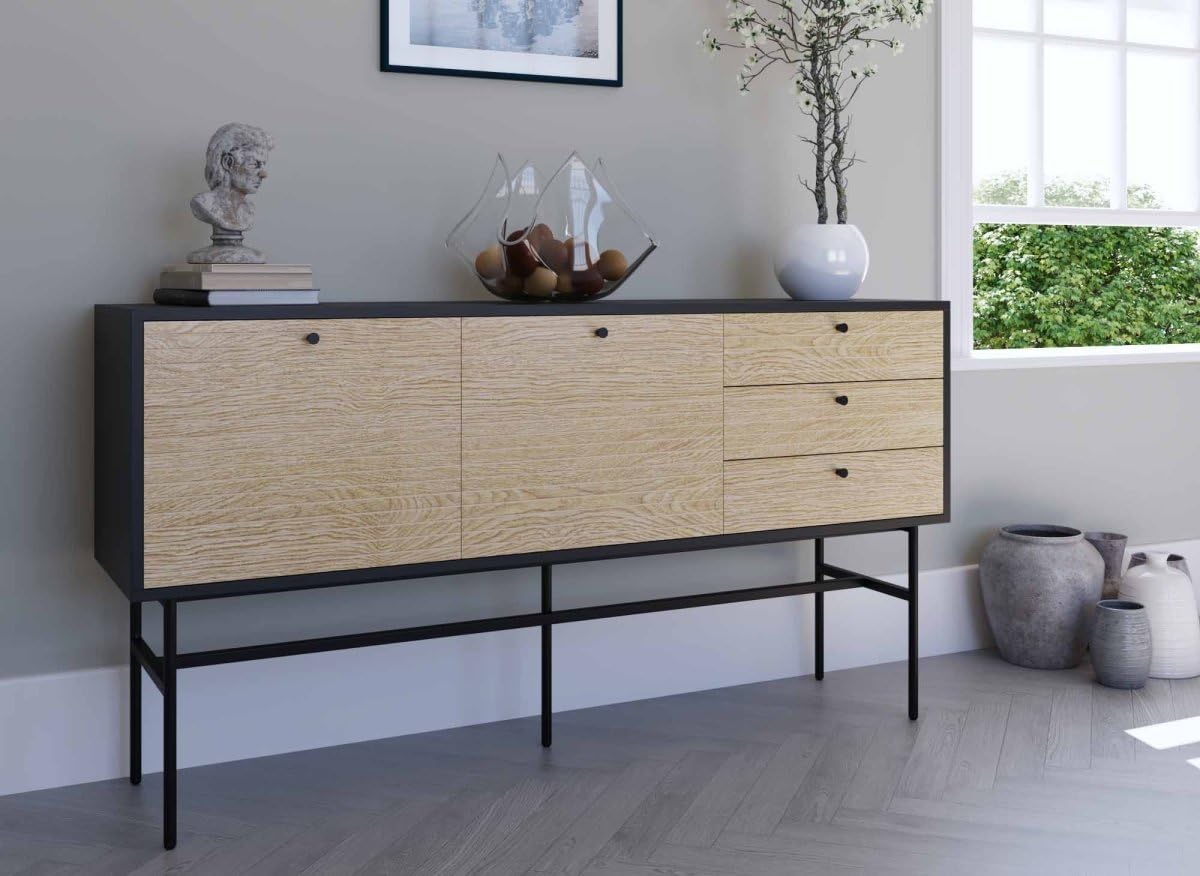 DecoInParis Buffet Enfilade 3 tiroirs 2 Portes en Bois et métal Noir Daryl