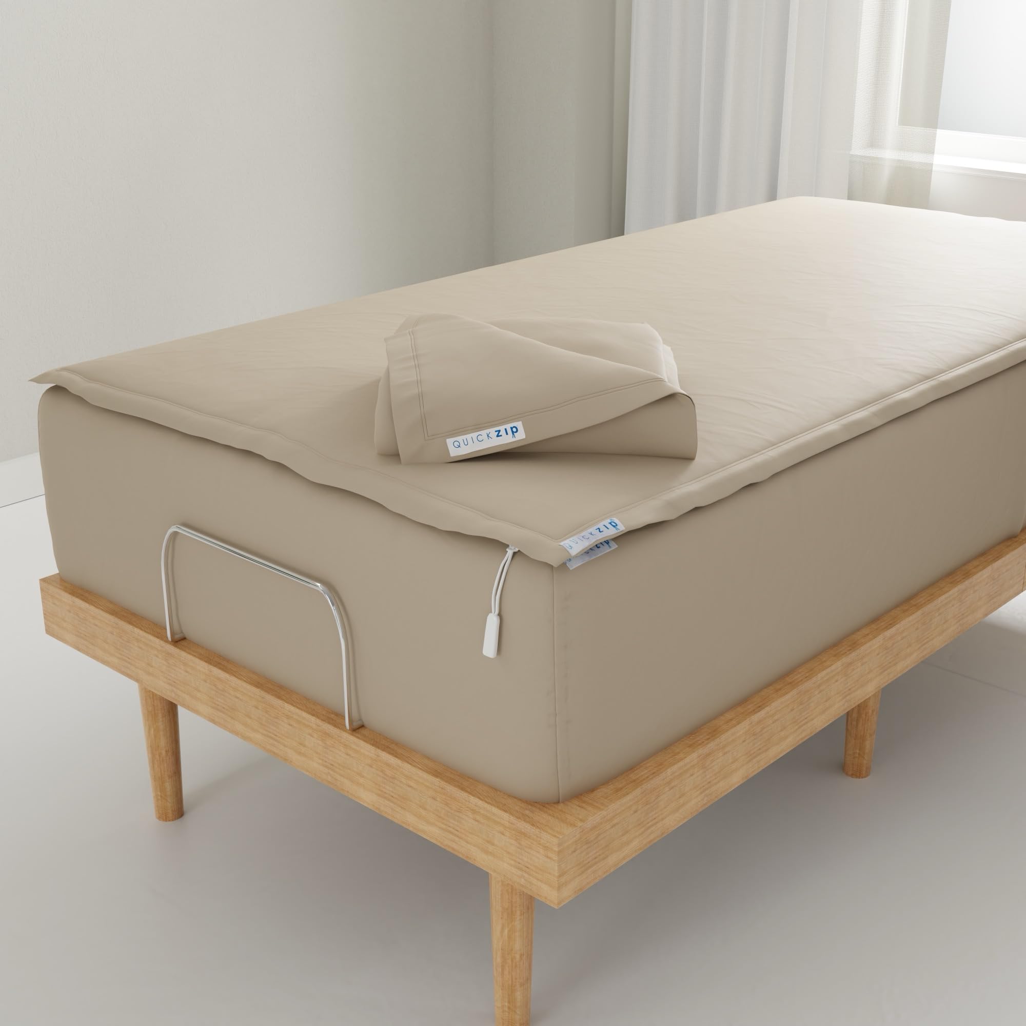 QuickZip Fitted Plus Spare Bundle: 1 Fitted Sheet (Base + Zip Sheet) &amp; 1 Zip Sheet - Easy to Change, Won’t Pop Off - Soft Sateen 400 TC 100% Cotton - 15” Deep Pockets Twin XL Size Sheets – Sand
