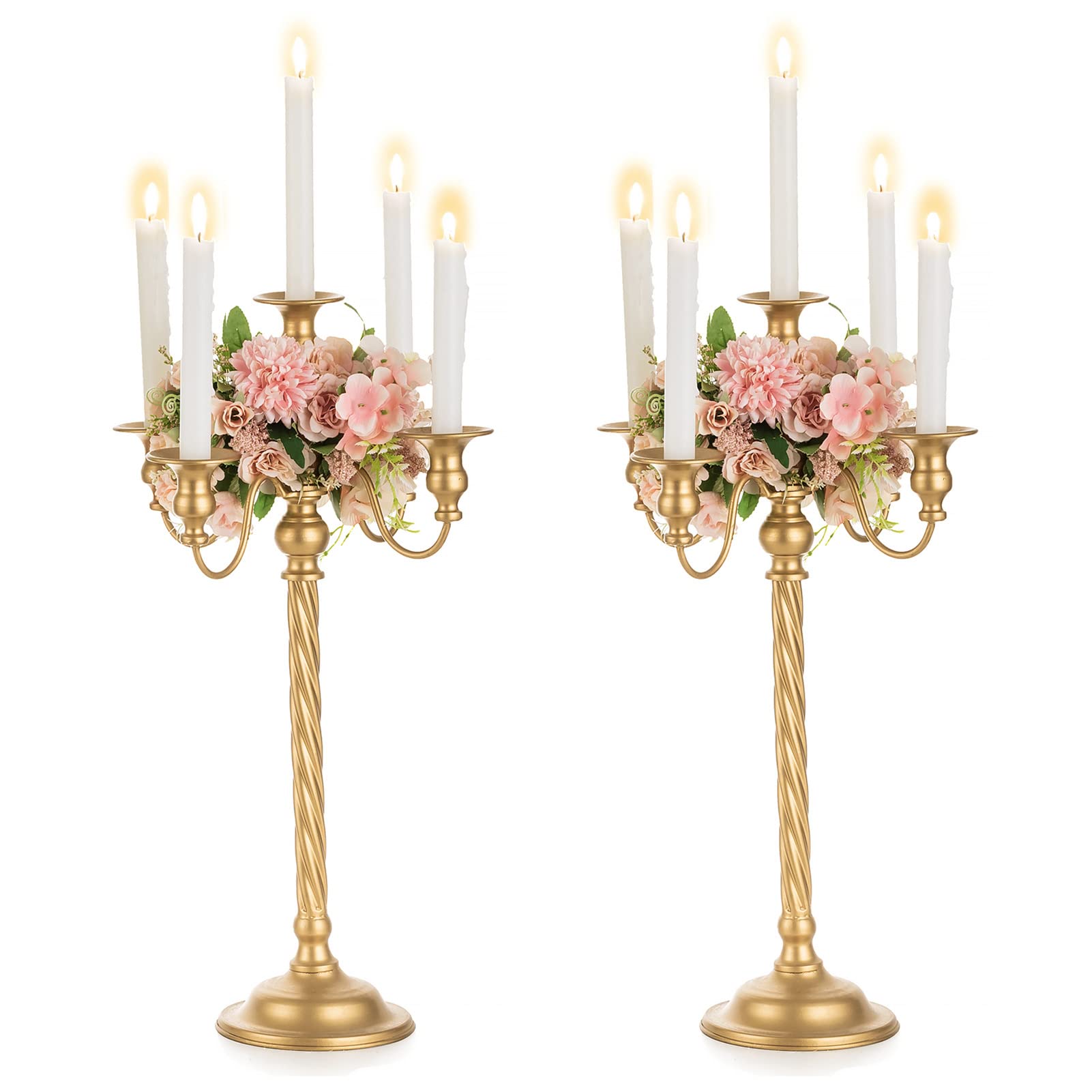Nuptio Tall Candle Holder Gold Candelabra 21in Candlestick Holder 5 Arm Candelabras 2 Pcs Metal Taper Candle Holders Candle Stand Table Centerpiece for Wedding Fireplace Home Halloween Church Decor