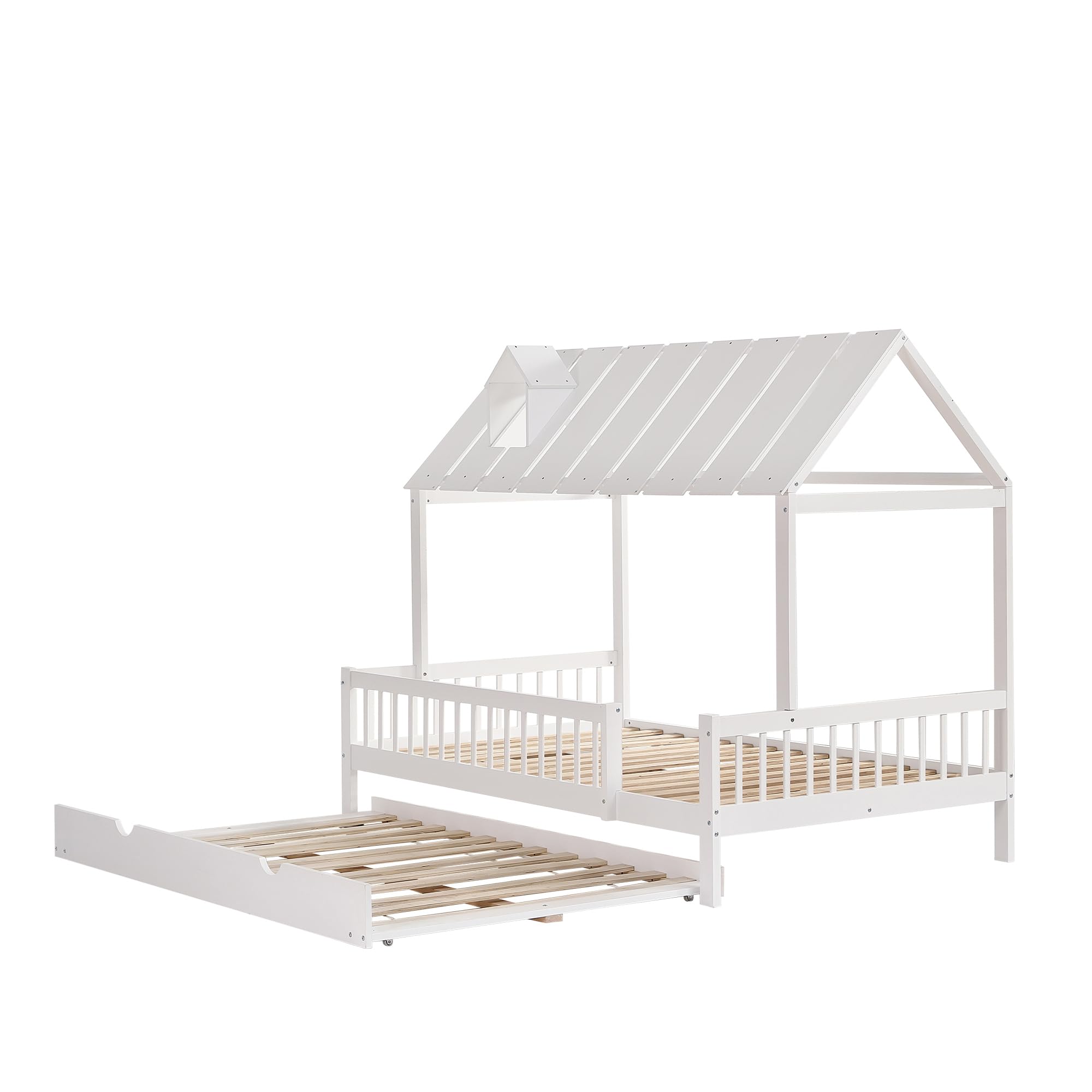 LAKFEW Cama Casita Cama Infantil 120x200 cm con Cama Nido, Camas Montessori Infantil con Techo y Barandilla de Seguridad, Camas Infantiles para 2 Niños, Blanco, Sin Colchón