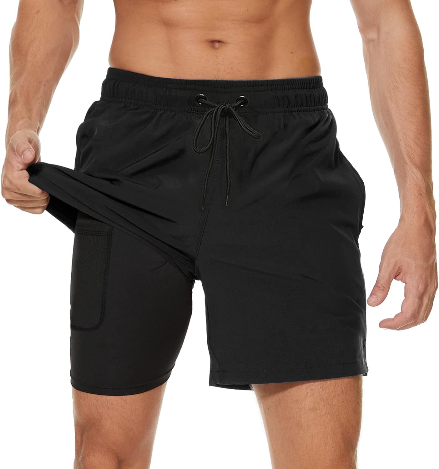 Men's Swim Trunks Mens Swimming Shorts with Compression Liner Quick Dry Stretchy 2 in 1 Board Shorts with Zipper Pockets