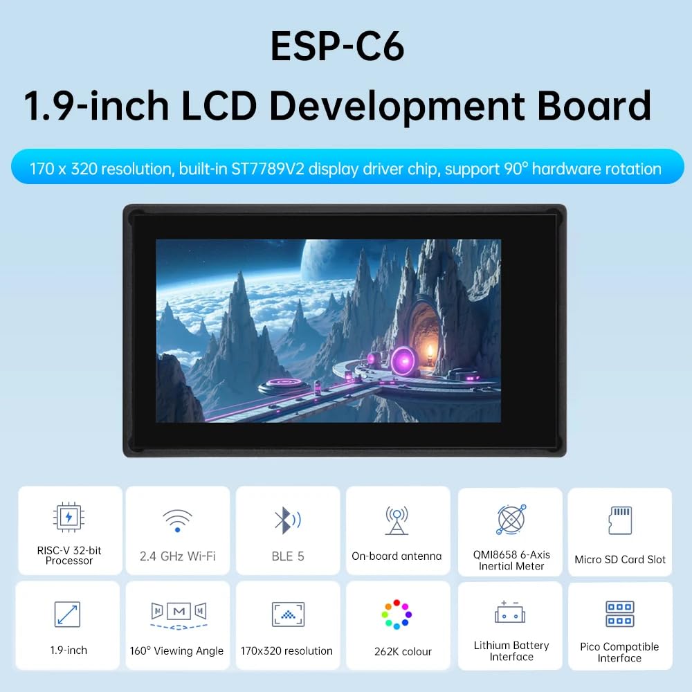VIDOO Scheda Sviluppo con Display LCD 1,9 pollici Schermo Tattile 2.4GHz WiFi BLE 5 BT Flash Grande Capacità-C6 Con Touch