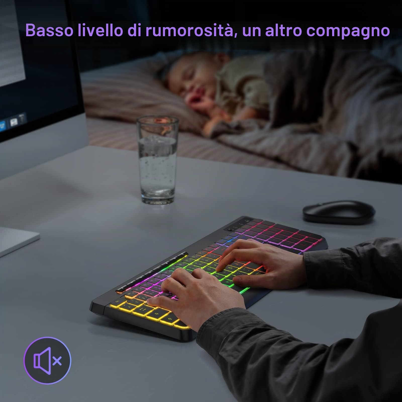 TECURS Tastiera da gioco wireless QWERTZ silenziosa illuminata ergonomica impermeabile tastiera LED 2,4 GHz per Windows/Mac/PS4/Xbox con tasti multimediali, colore nero