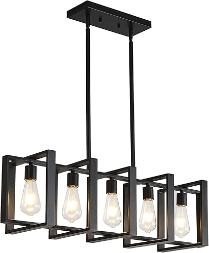 HQZBPT Candelabros de isla de cocina de 34.5 pulgadas para comedores, iluminación colgante, color negro mate, 5 luces colgantes de granja para isla