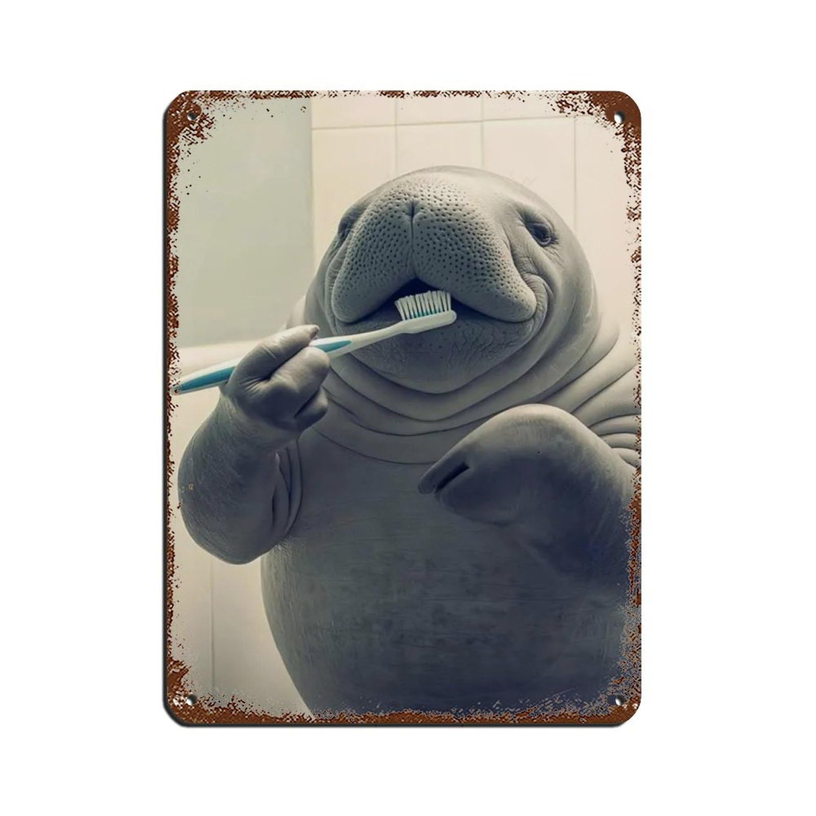 Manatee Brushing Teeth, Funny Bathroom Art Retro Poster Metal Tin Sign Chic Art Retro Iron Painting Bar People Cave Cafe Family Garage Poster Wall Decoration 12x16inch(30x40cm)