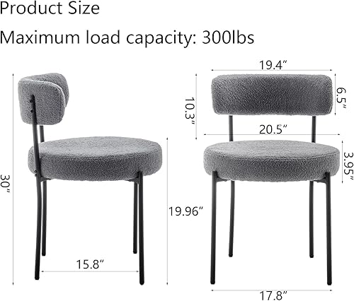 Miniatura 2 de Grey Boucle - Juego de 2 sillas de comedor tapizadas con patas de metal negro, silla de comedor redonda moderna para comedor, cocina
