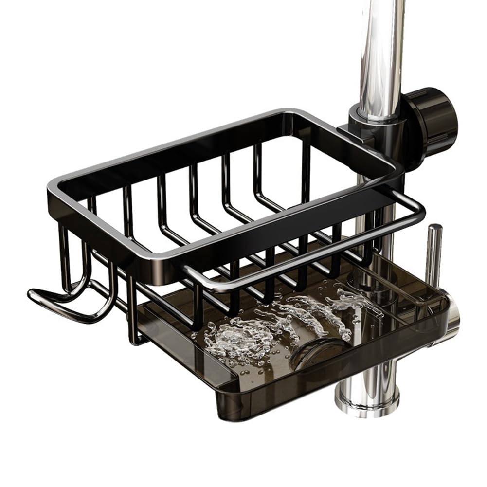 AMIUHOUN Sponge Holder Over The Faucet, Kitchen Sink Organiser, Space-Saving, Removable, Hanging Tap Drain Rack Made of Aluminium, Easy to Use, Black