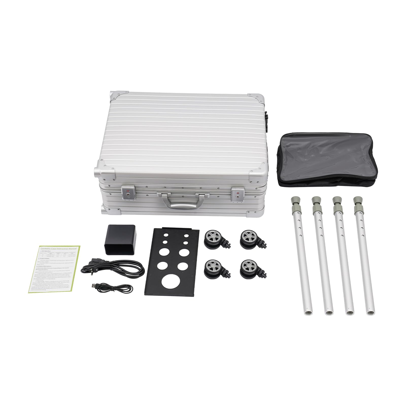 Walizka na kosmetyki 3 w 1, walizka na kółkach, 24", zamykana aluminiowa walizka na kosmetyki z rolkami, regulowanymi nogami, lustrem i oświetleniem LED, przenośny organizer do makijażu dla