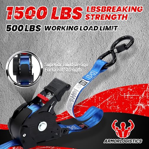 Image of Retractable Ratchet Straps 4 Pack, 1 in x 12 FT Auto Ratchet Straps for Motorcycle, Kayak and Trucks, Breaking Strength 1,500LBS /500LBS Working Load Limit Blue